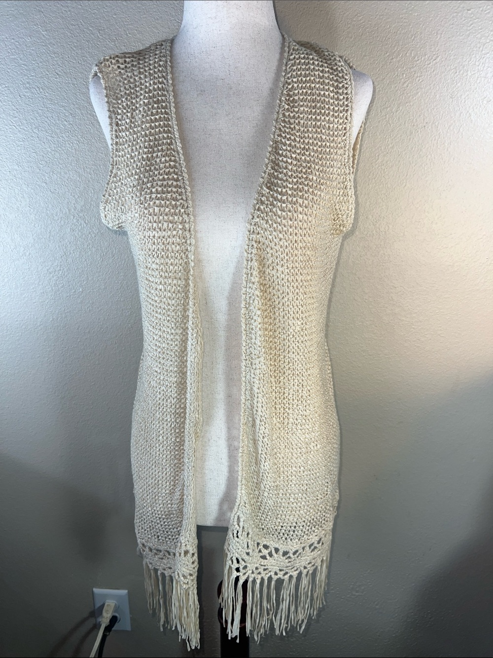 Reba Cream Crochet Fringe Open-Front Knit Vest